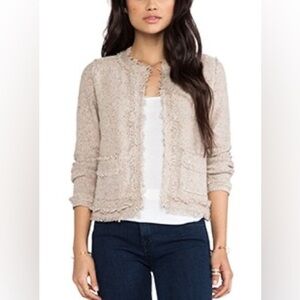 Joie‎ Porsha Boucle Jacket Womens XS Tan Beige Rainbow Fringe Trim Long Sleeves